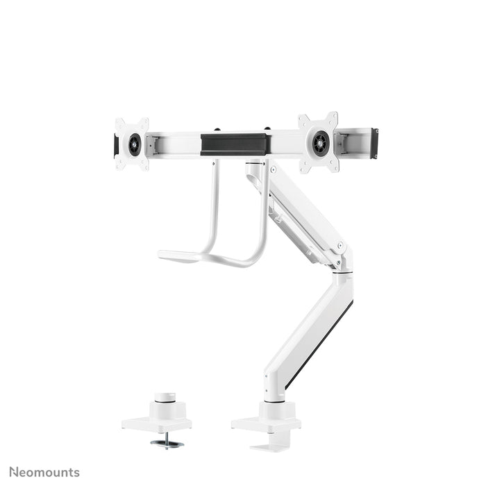 Neomounts NM-D775DX blanc est un support de bureau à vérin à gaz avec barre transversale et levier pour écrans plats jusqu'à 32 pouces (81 cm).